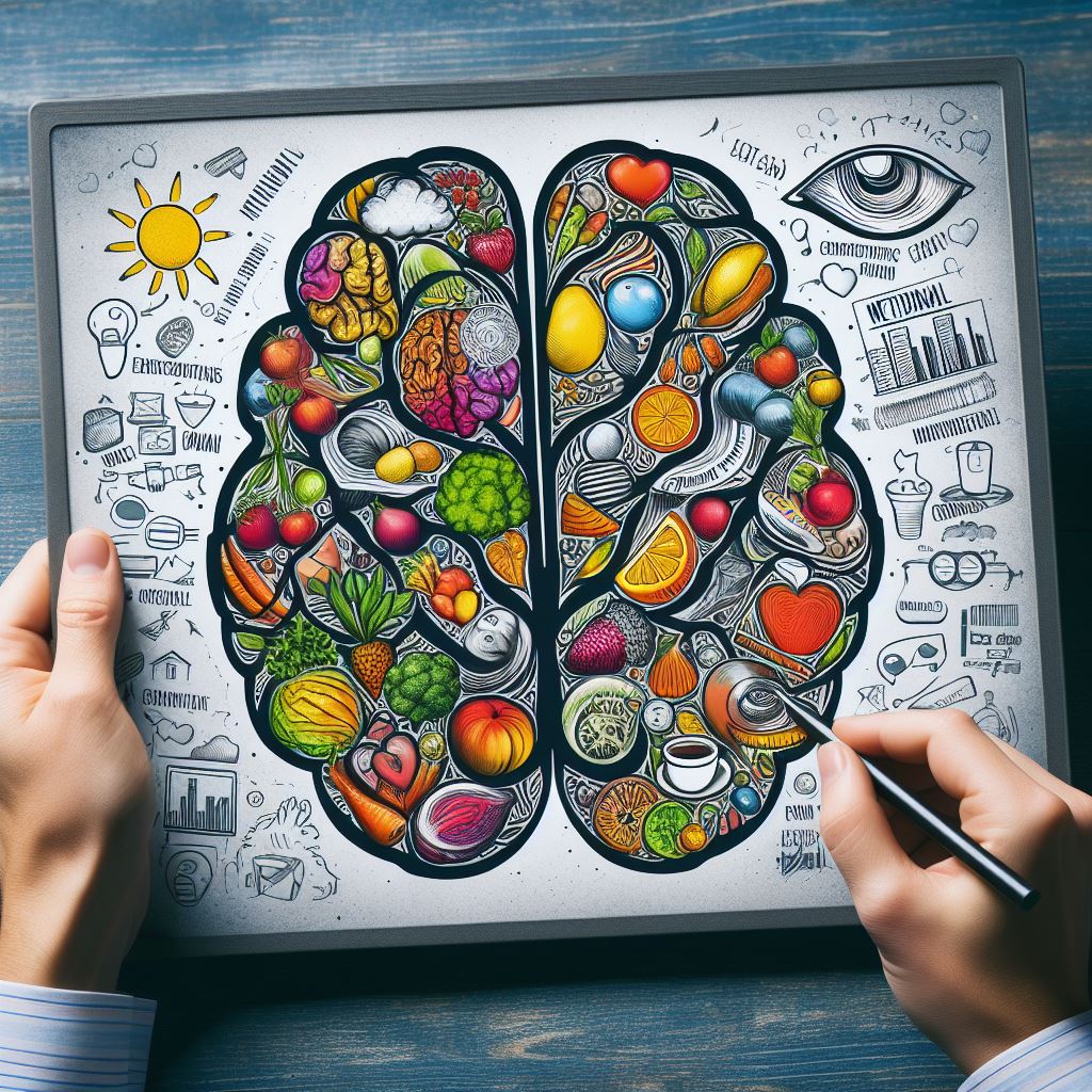 Brain foods: A photograph of a selection of brain-healthy foods, such as omega-3-rich fruits, vegetables, nuts and fish, can highlight the connection between a nutritious diet and optimized cognitive function.