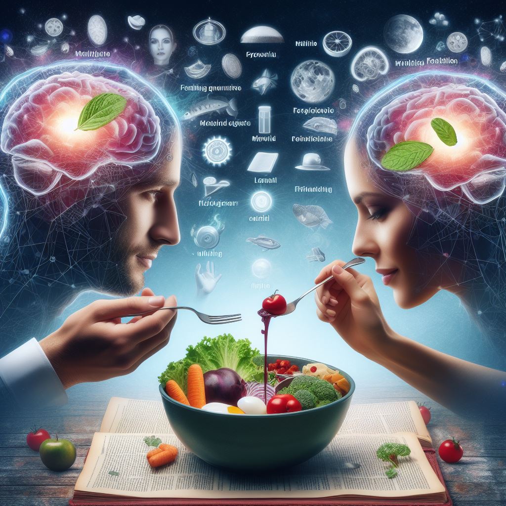 Photography of a selection of brain-healthy foods, such as omega-3-rich fruits, vegetables, nuts and fish, can highlight the connection between a nutritious diet and optimized cognitive function.